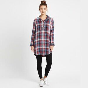 💘Vintage Havana Acid Washed Plaid Lace Up Tunic Dress Womens S Casual Normcore